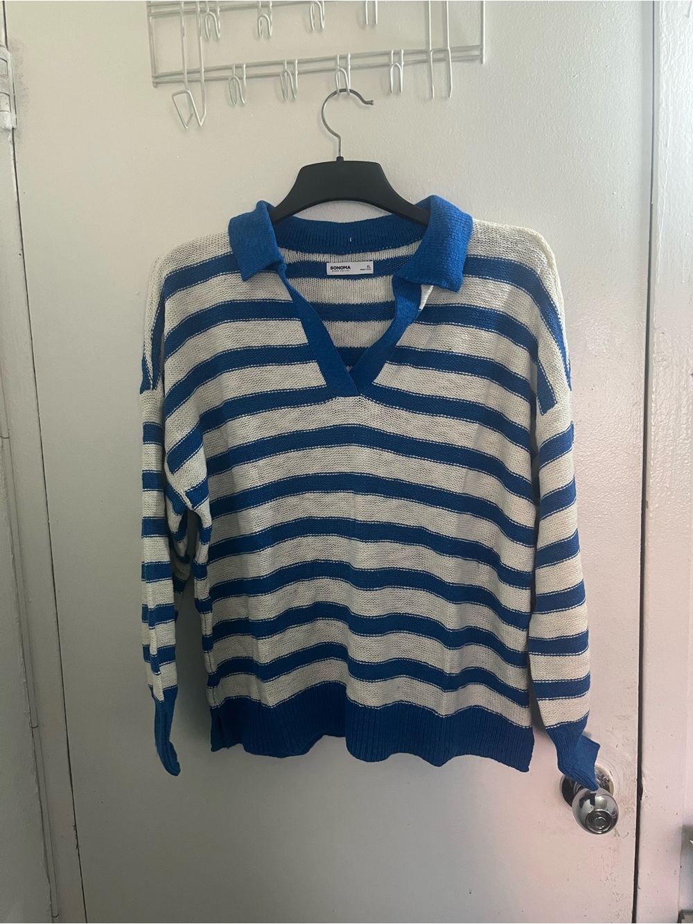 Sonoma Blue and Cream Striped V-Neck Polo Sweater